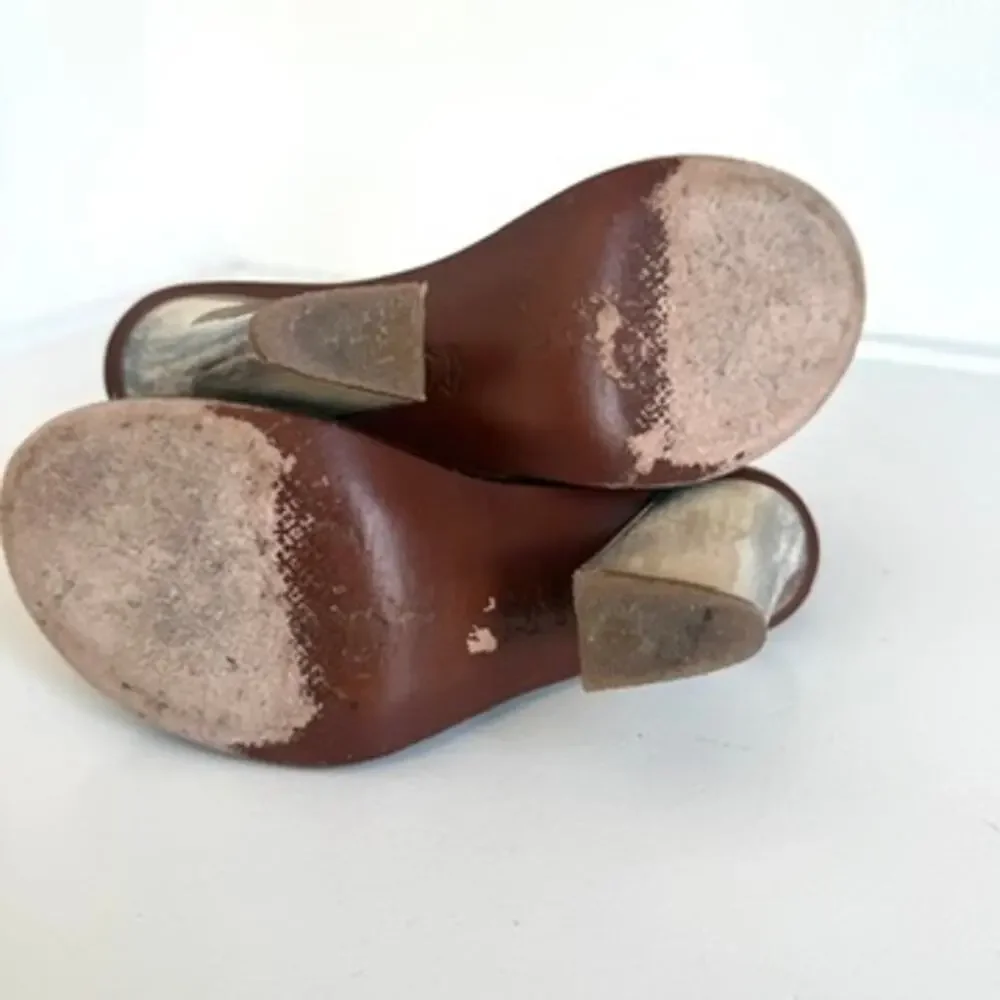 Tory Burch Gemini‎ Link Sandals Taupe Suede Block Heel Peep Toe Designer 7.5